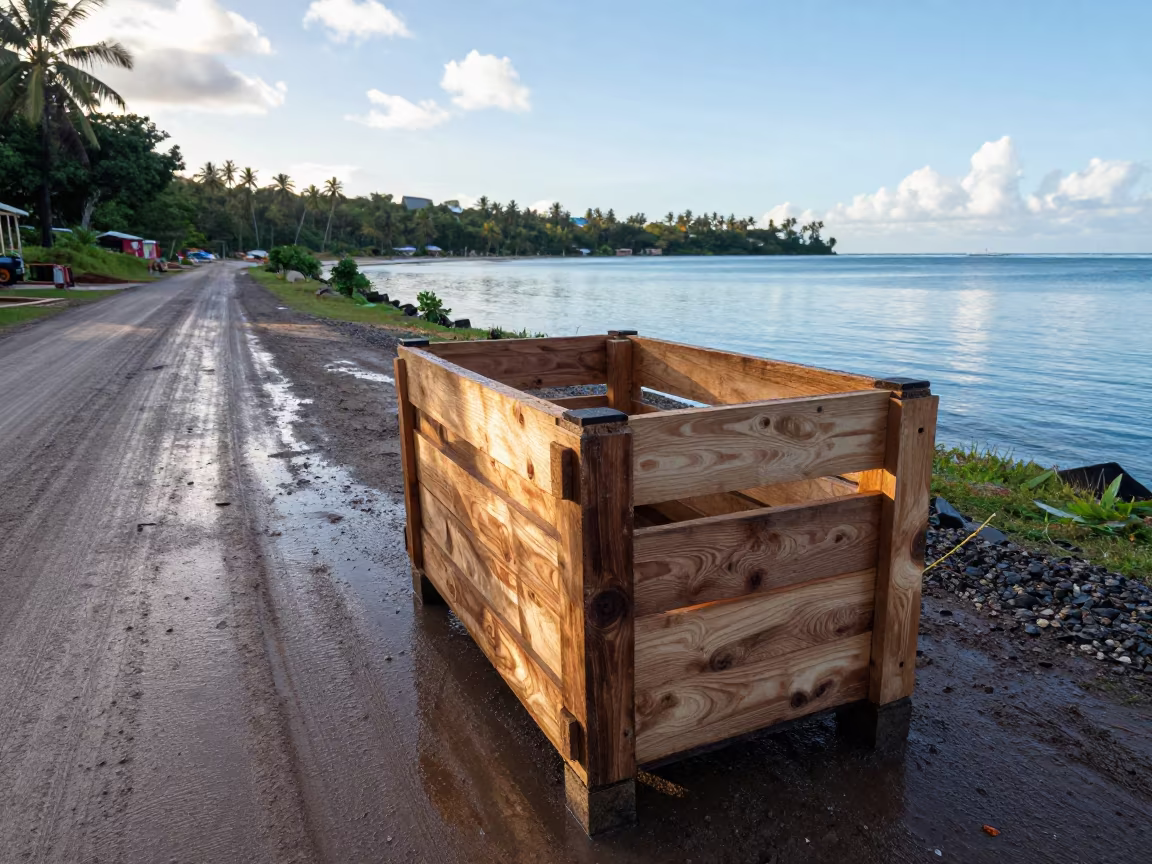 Pour-Stop Angle Crate on Muddy Road Victoria Seychelles in at a muddy site access road near Victoria Seychelles