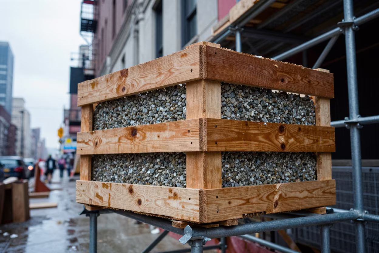 Pour-Stop Angle Crate on Scaffolded New York Facade in along a scaffolded facade in New York