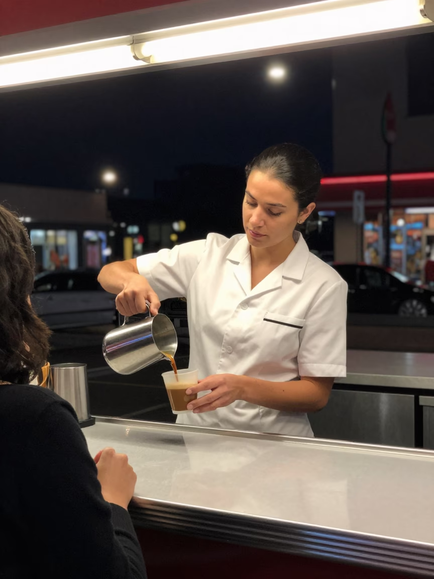 Pouring Coffee after dark in Los Angeles in in Los Angeles, California, United States