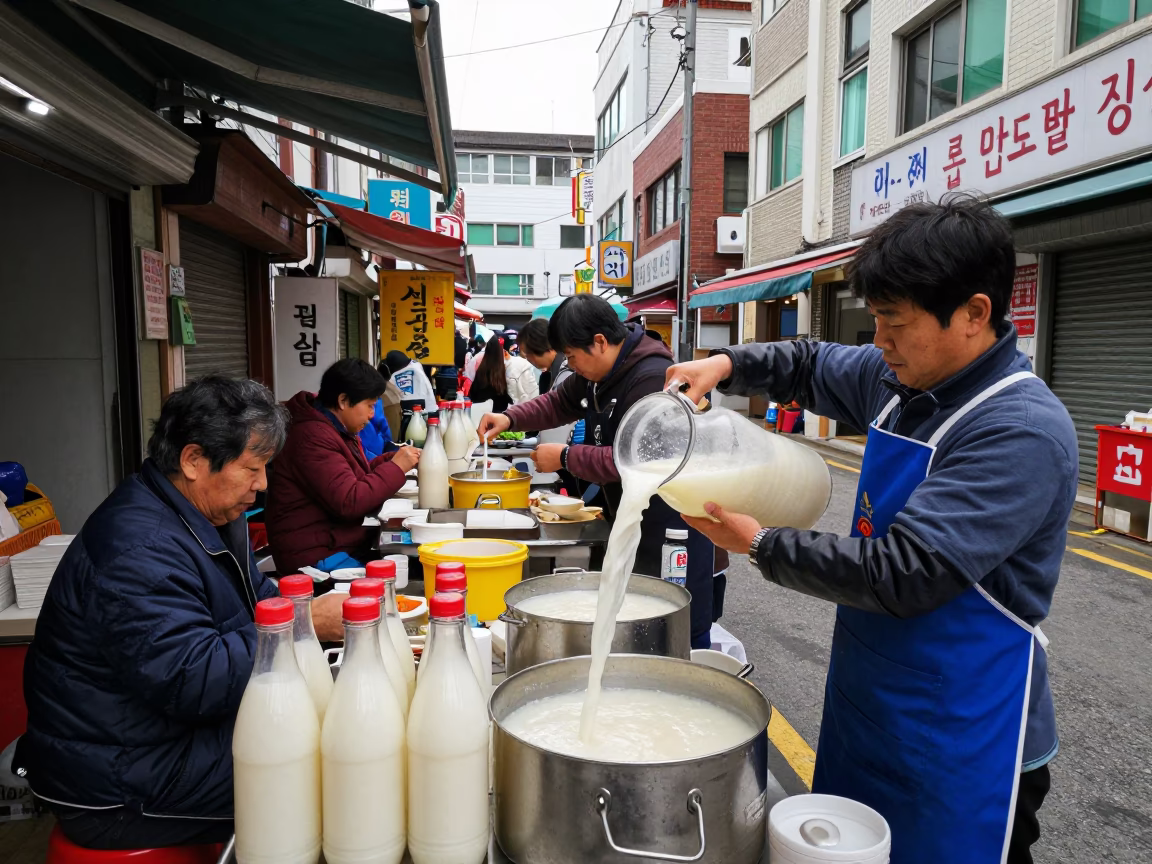 Pouring Makgeolli in Busan in in Busan, South Korea