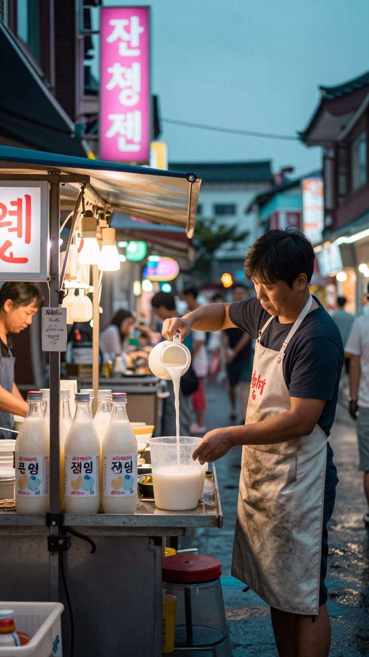 Pouring Makgeolli in Seoul in in Seoul, South Korea