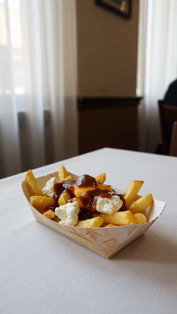 Poutine Paper Boat on Seville Linen Table in on a linen-covered restaurant table in Triana, Seville