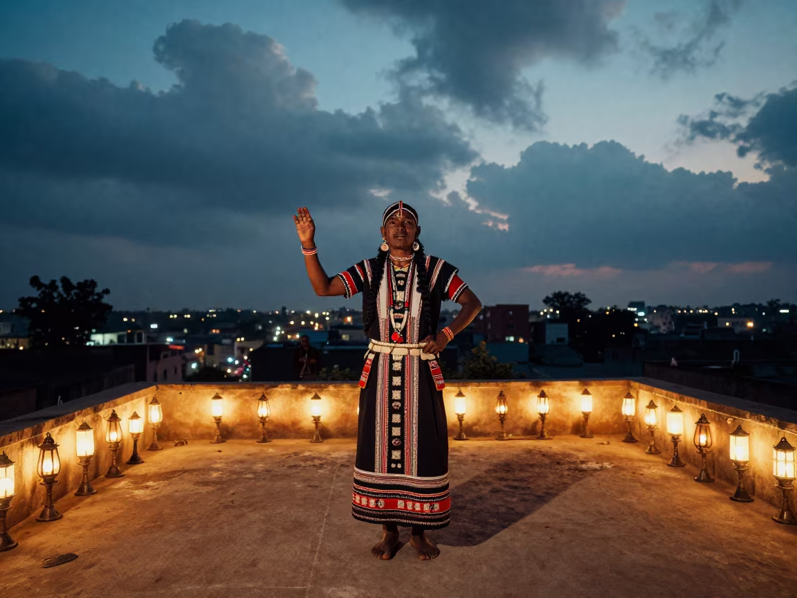 Pow Wow Dancer in Bogura Shrine Lanterns in in a shrine lined with lanterns in Bogura