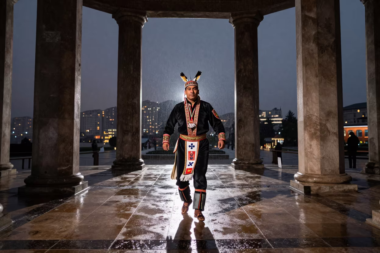 Pow Wow Dancer in Bursa Temple Courtyard in in a temple courtyard in Bursa
