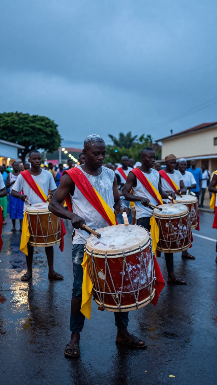 Powder Drum in Huambo Street Procession Dusk in at a public square during a festival in Huambo