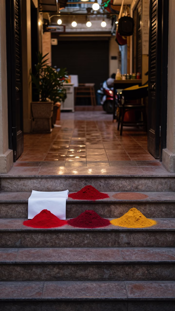 Powder Pigment and Paper in Hanoi Stairwell in inside a tiled stair hall in Old Quarter, Hanoi