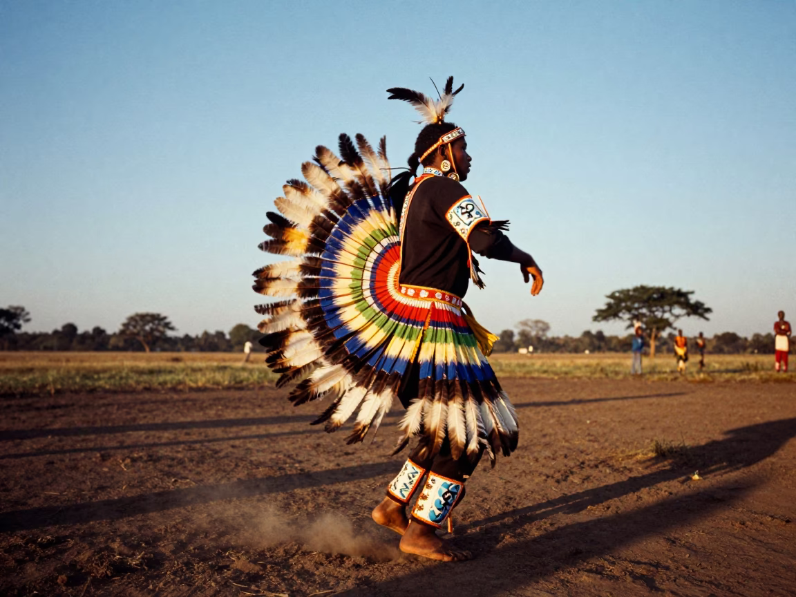 Powwow Dancer in Feathered Regalia at Sunset in near Bulawayo