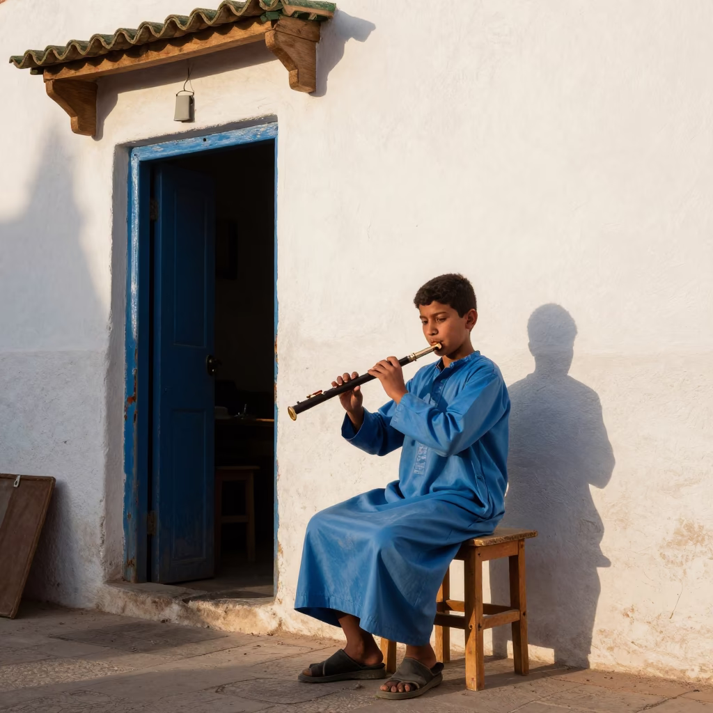 Practicing Flute in Essaouira in in Essaouira, Morocco