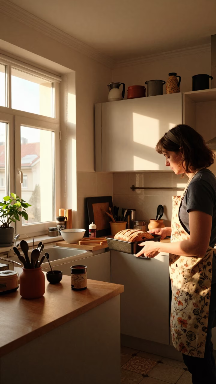Prague Apartment Kitchen Warm Late Afternoon Light and Daily Life in in Prague, Czech Republic