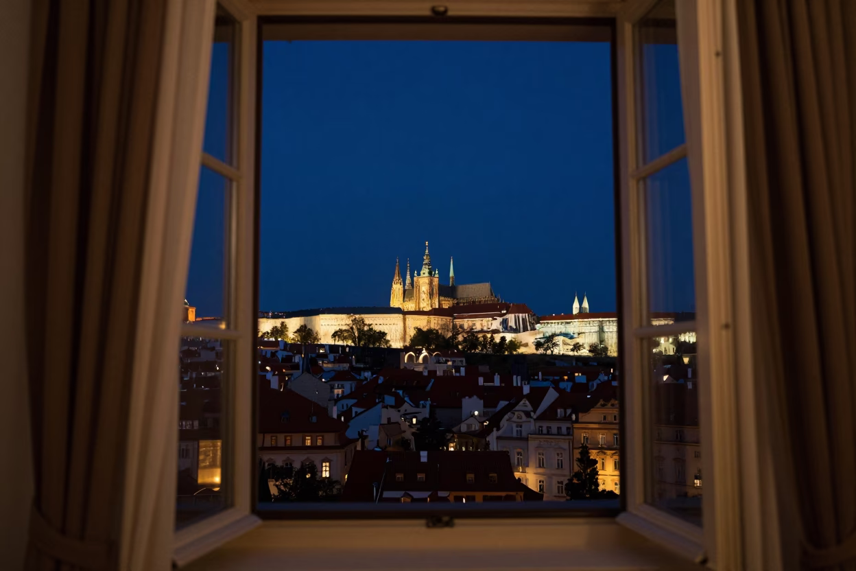 Prague Apartment Window at Late At Night Light in in Prague, Czech Republic