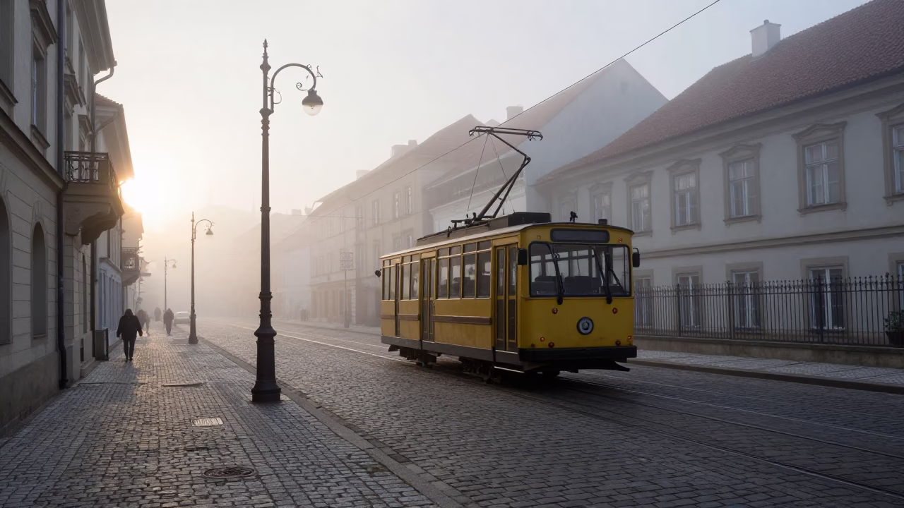 Prague Before Dawn Street Scene with Funicular and Misty Atmosphere in in Prague, Czech Republic