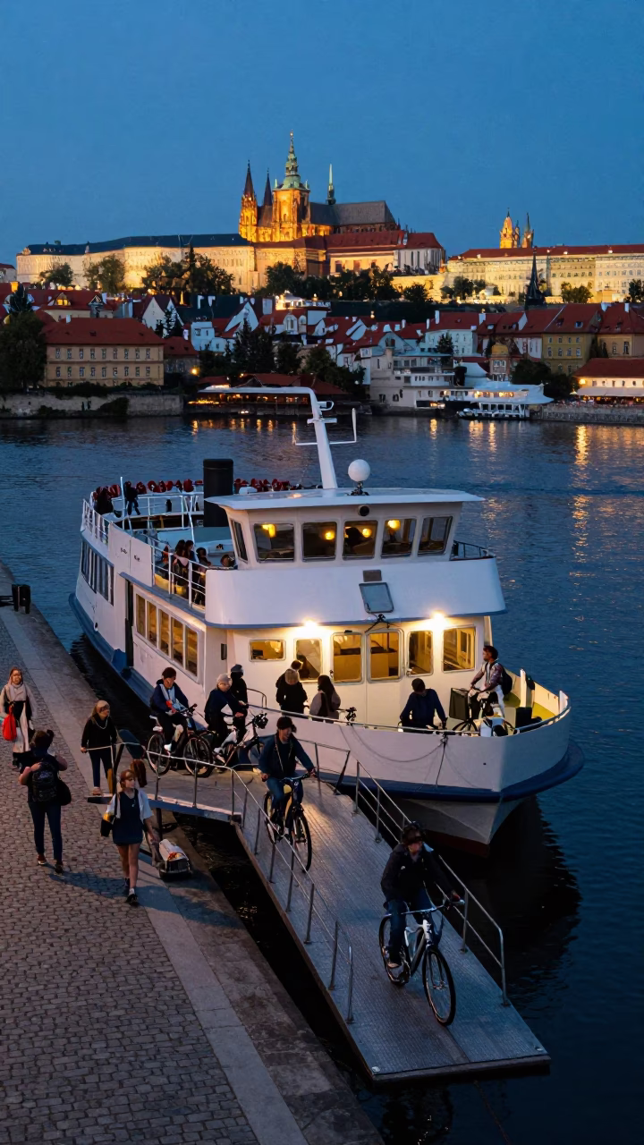 Prague Blue Hour Ferry Dock Scene with Cyclists and Passengers Loading in in Prague, Czech Republic