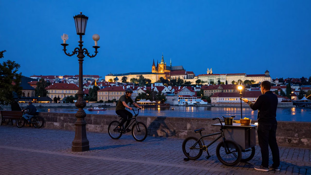 Prague Blue Hour Street Scene with Candlestick and BMX Rider in in Prague, Czech Republic