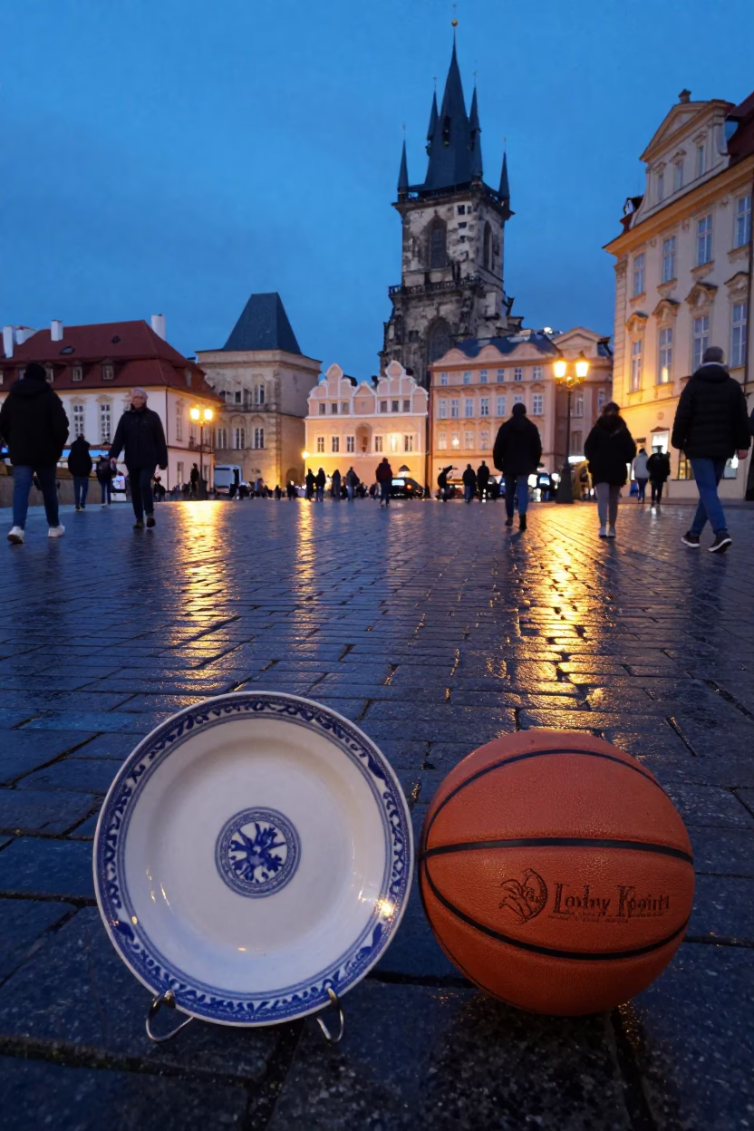 Prague Blue Hour Street Scene with Ceramic Plate and Leather Basketball in City Center in in Prague, Czech Republic