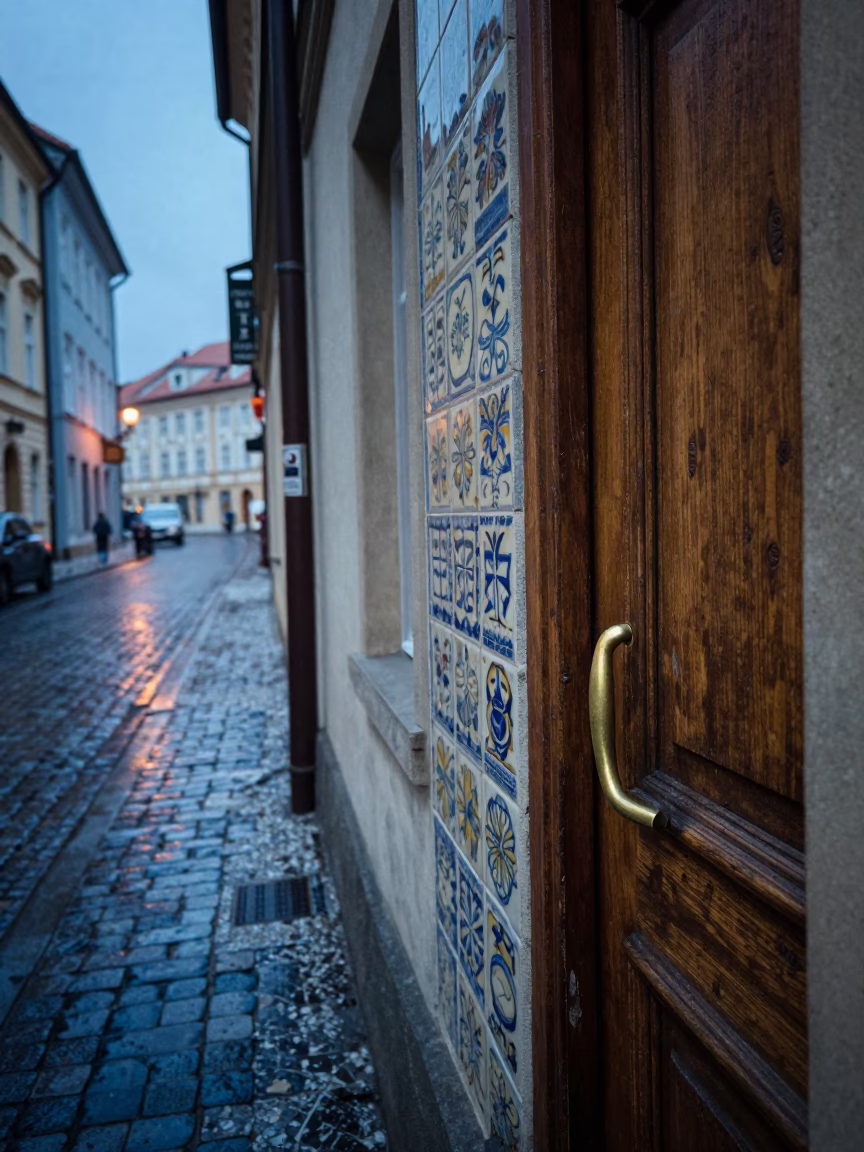 Prague Blue Hour Street Scene with Ceramic Tiles and Door Handle in in Prague, Czech Republic