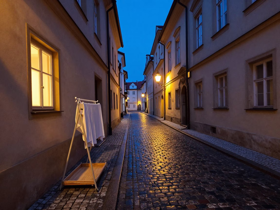 Prague Blue Hour Street Scene with Drying Rack and Wooden Tray in in Prague, Czech Republic