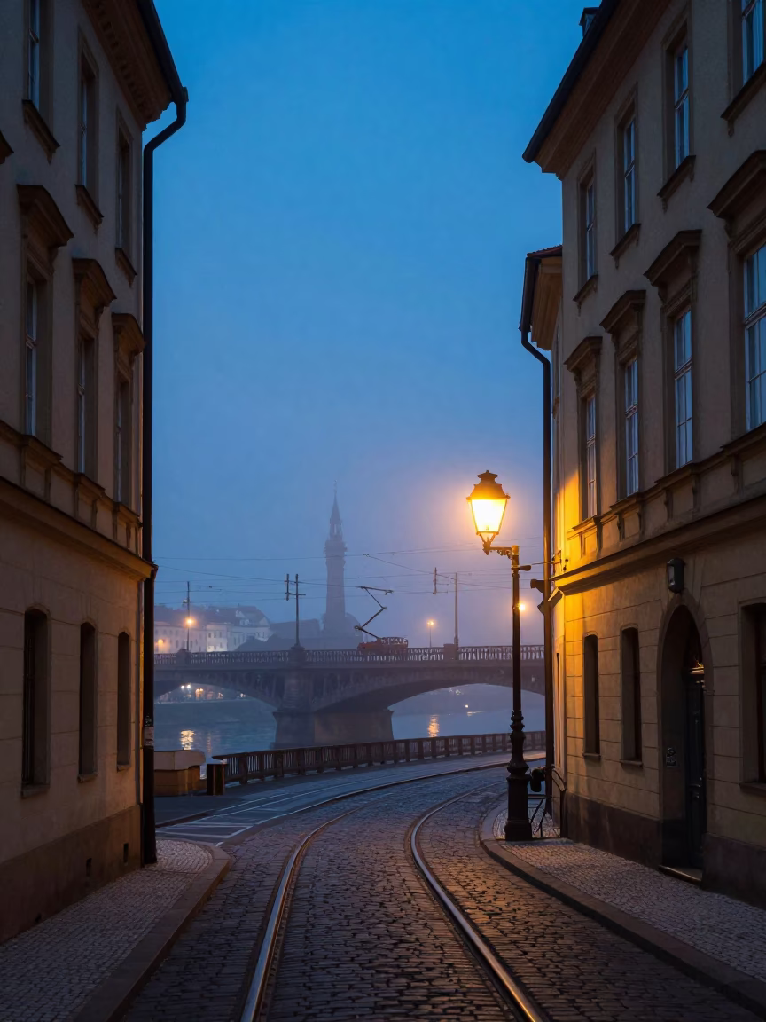 Prague Blue Hour Street Scene with Industrial Fog and Historic Architecture in in Prague, Czech Republic