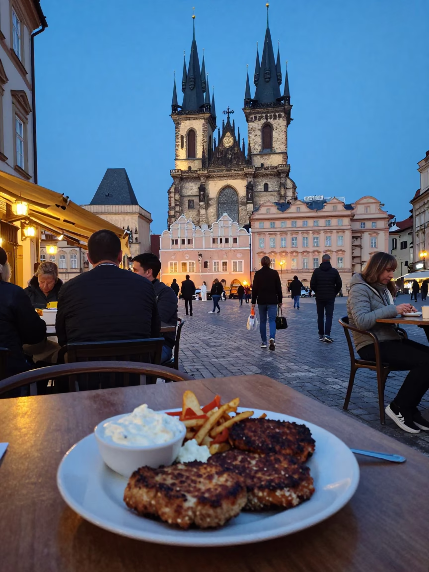 Prague Blue Hour Street Scene with Local Food and Vintage Charm in in Prague, Czech Republic