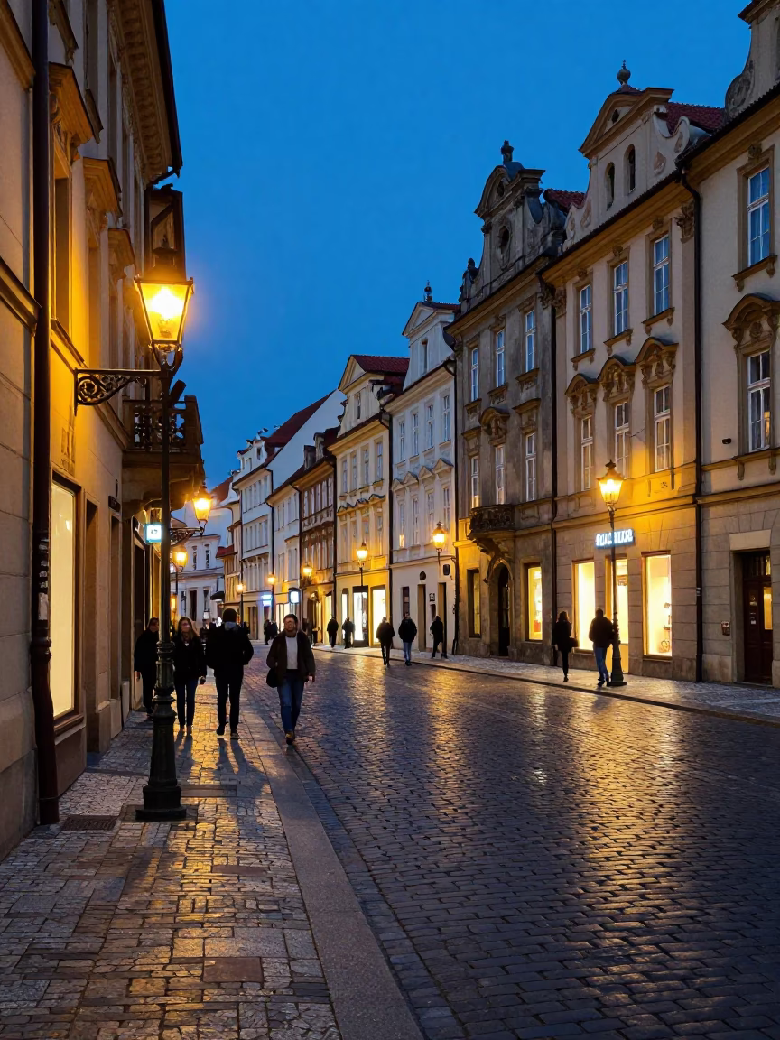 Prague Blue Hour Street Scene with Neon Lights and Urban Architecture in in Prague, Czech Republic