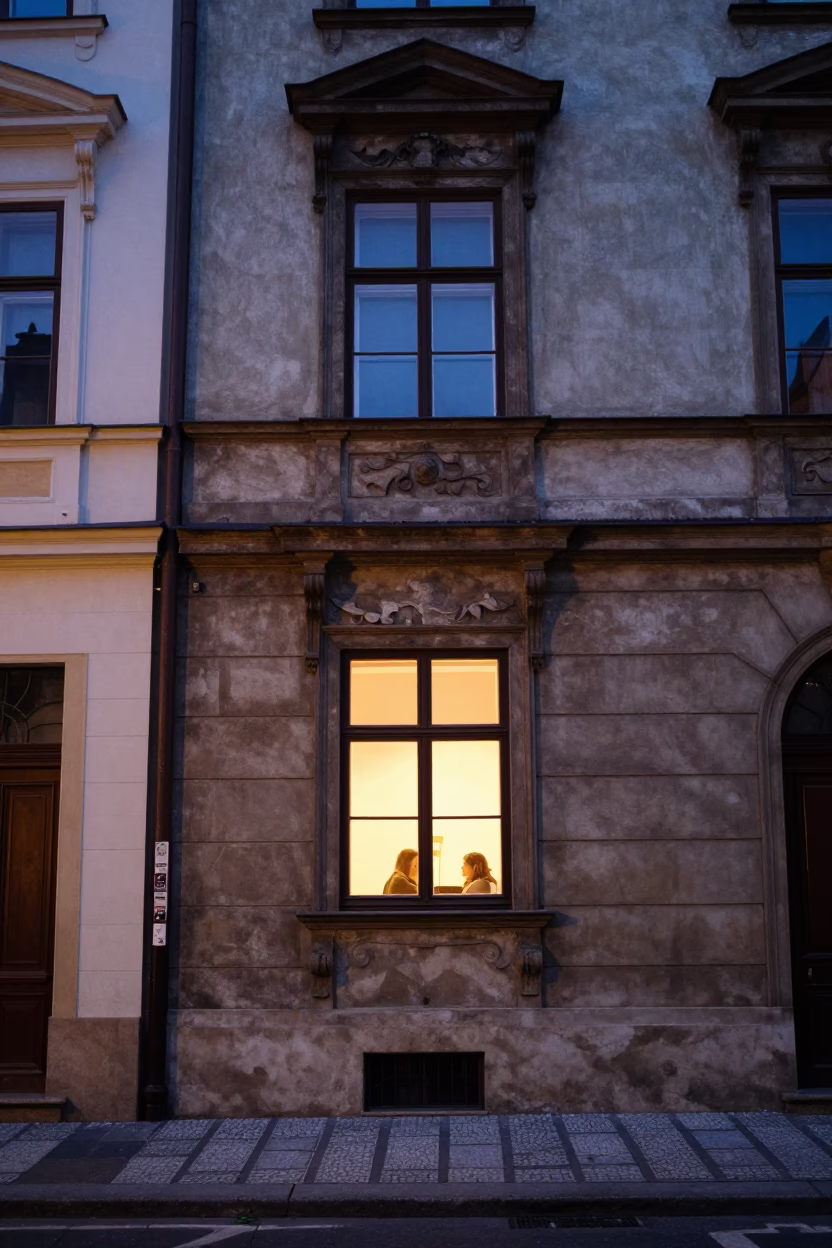 Prague Blue Hour Street Scene with Old Building Facade and Window Light in in Prague, Czech Republic