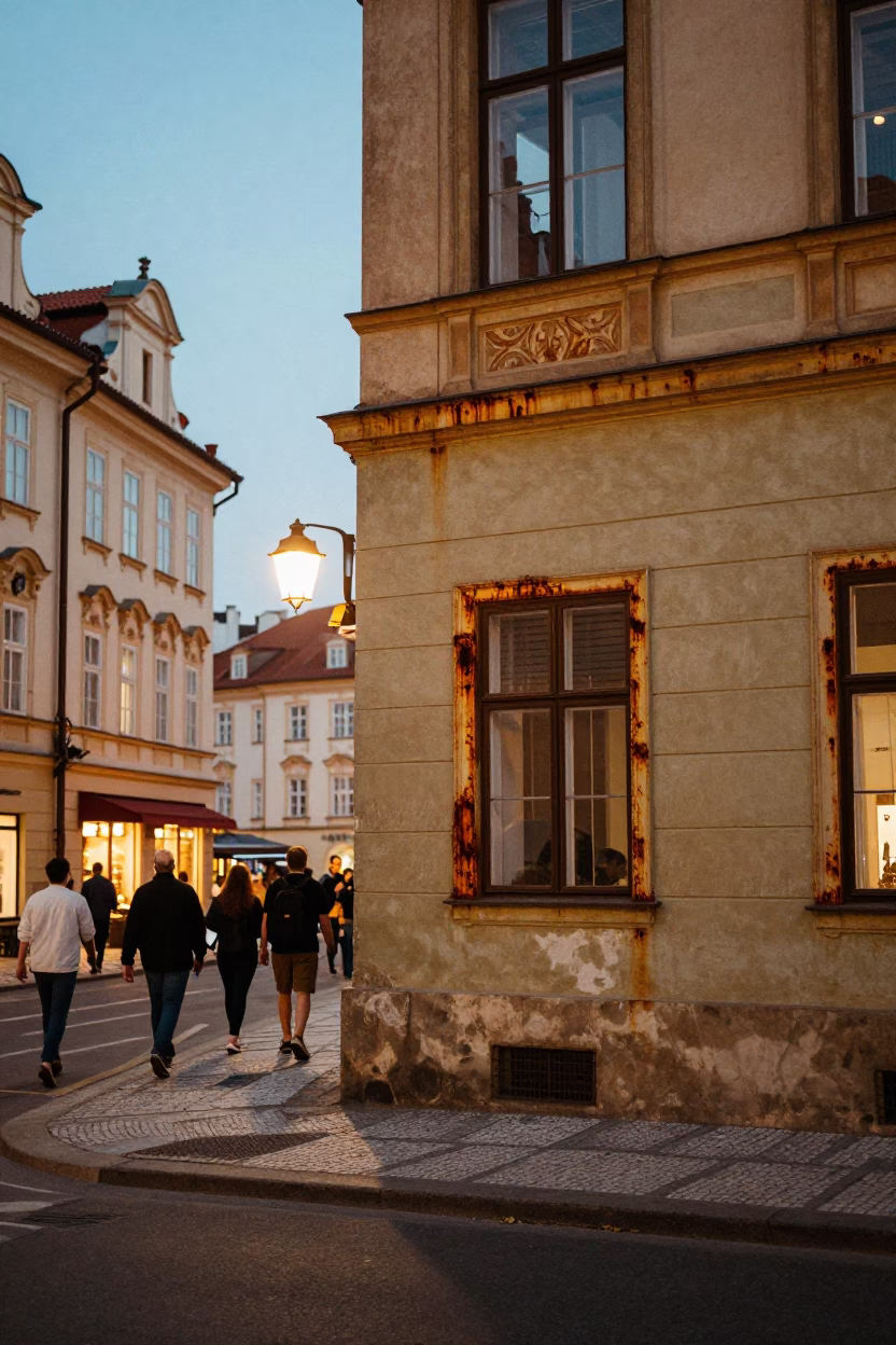Prague Blue Hour Street Scene with Rusty Window Frames and Warm Interior Lighting in in Prague, Czech Republic