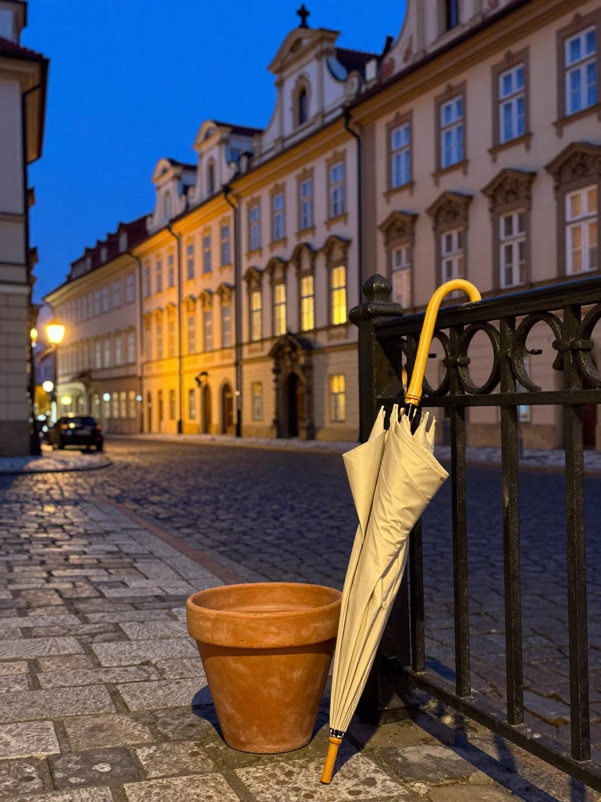 Prague Blue Hour Street Scene with Terracotta Pot and Folded Parasol in in Prague, Czech Republic