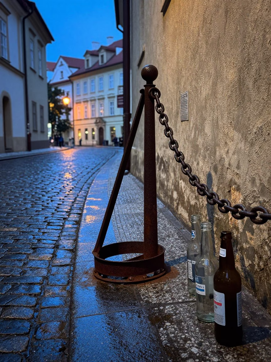 Prague Blue Hour Street Scene with Turnbuckle and Glass Bottles on Cobblestone in in Prague, Czech Republic