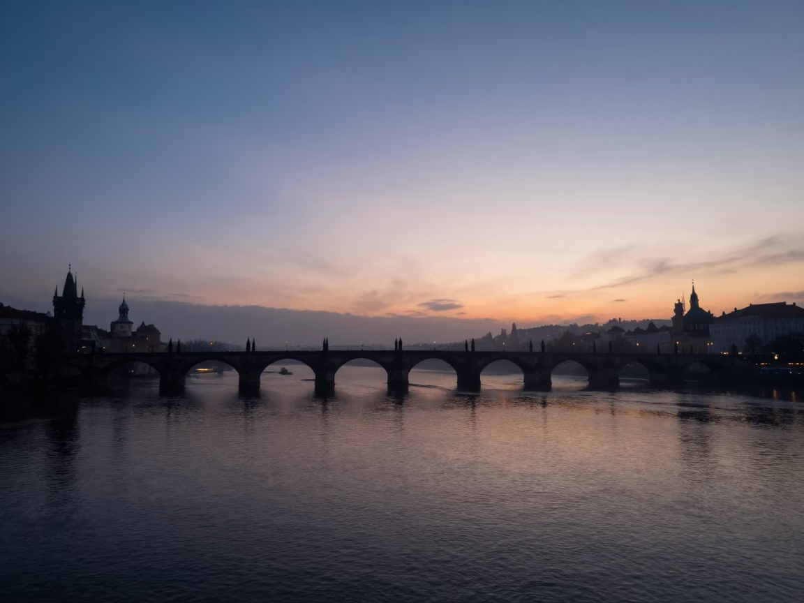 Prague Bridge Silhouette at The Predawn Darkness Light in in Prague, Czech Republic