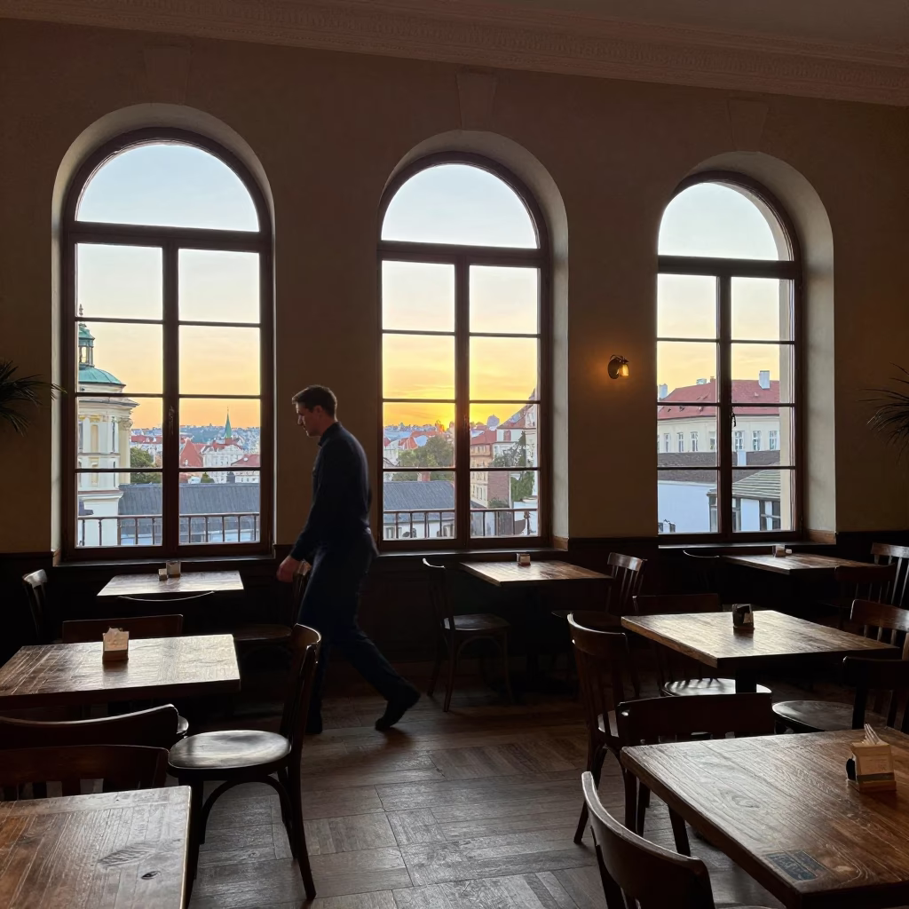 Prague Cafe Interior at First Light Of Dawn in in Prague, Czech Republic