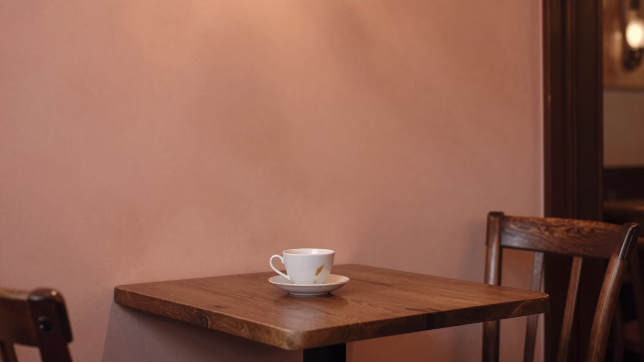 Prague Cafe Interior Copper Dusk Light Ceramic Tea Stains and Wall Sconce in in Prague, Czech Republic