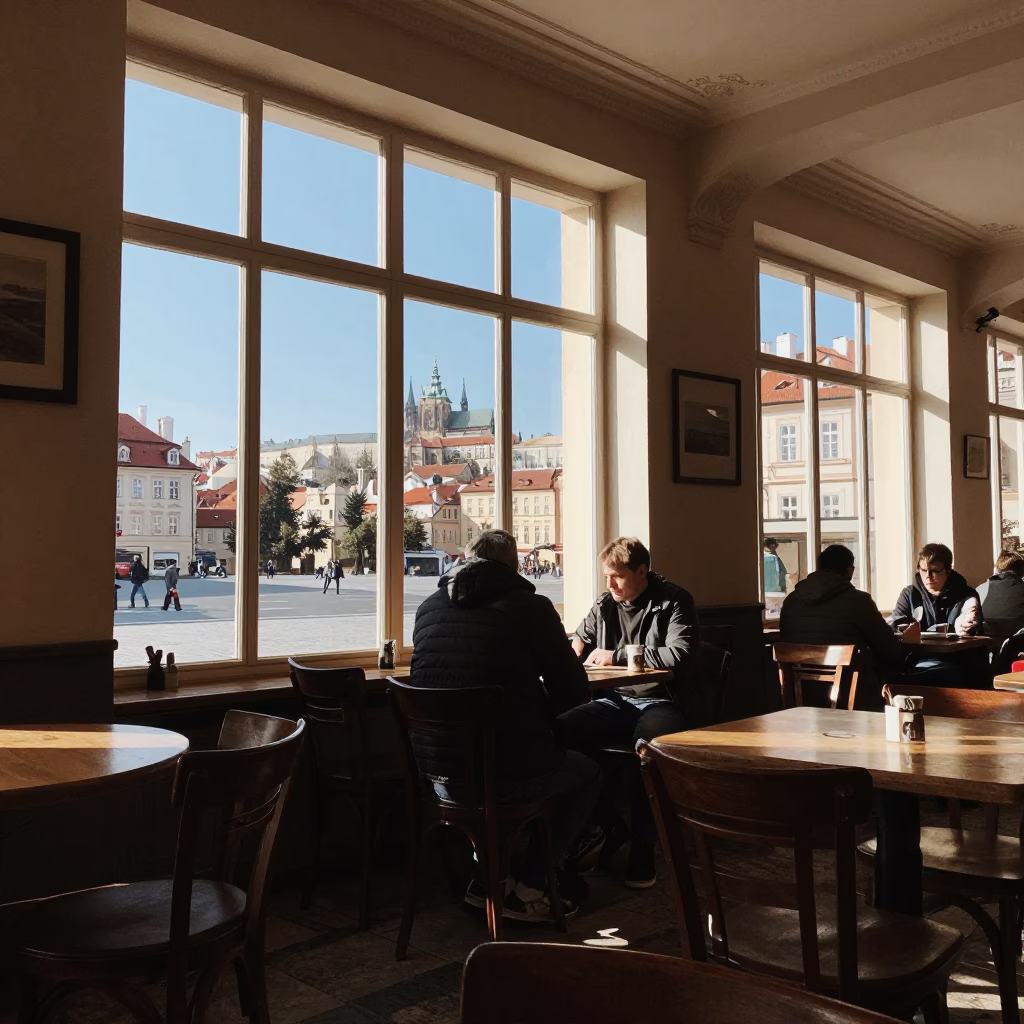 Prague Cafe Interior Late Afternoon Light with Blue White Porcelain Bowl and Wooden Tray in in Prague, Czech Republic