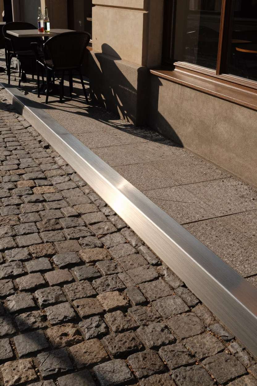 Prague Cafe Terrace Afternoon Light with Brushed Steel Sill and Glass Bottles in in Prague, Czech Republic
