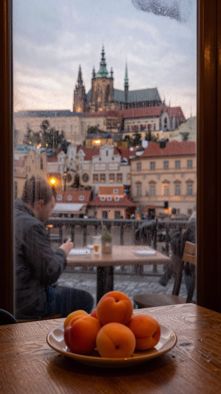Prague Cafe Window Condensation Apricots Copper Light Before Dusk in in Prague, Czech Republic