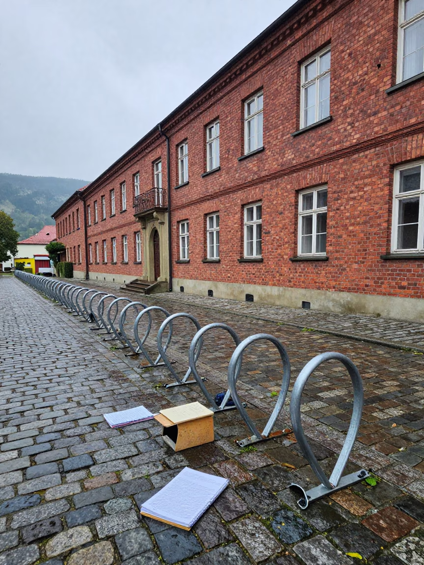 Prague Campus Bike Rack Red Brick Building in across a rain-washed campus courtyard in Prague