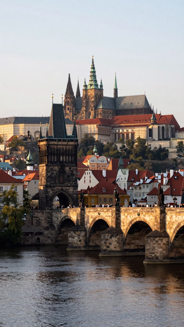 Prague Castle and Charles Bridge at Dawn with Morning Commuters and Historic Architecture in in Prague, Czech Republic