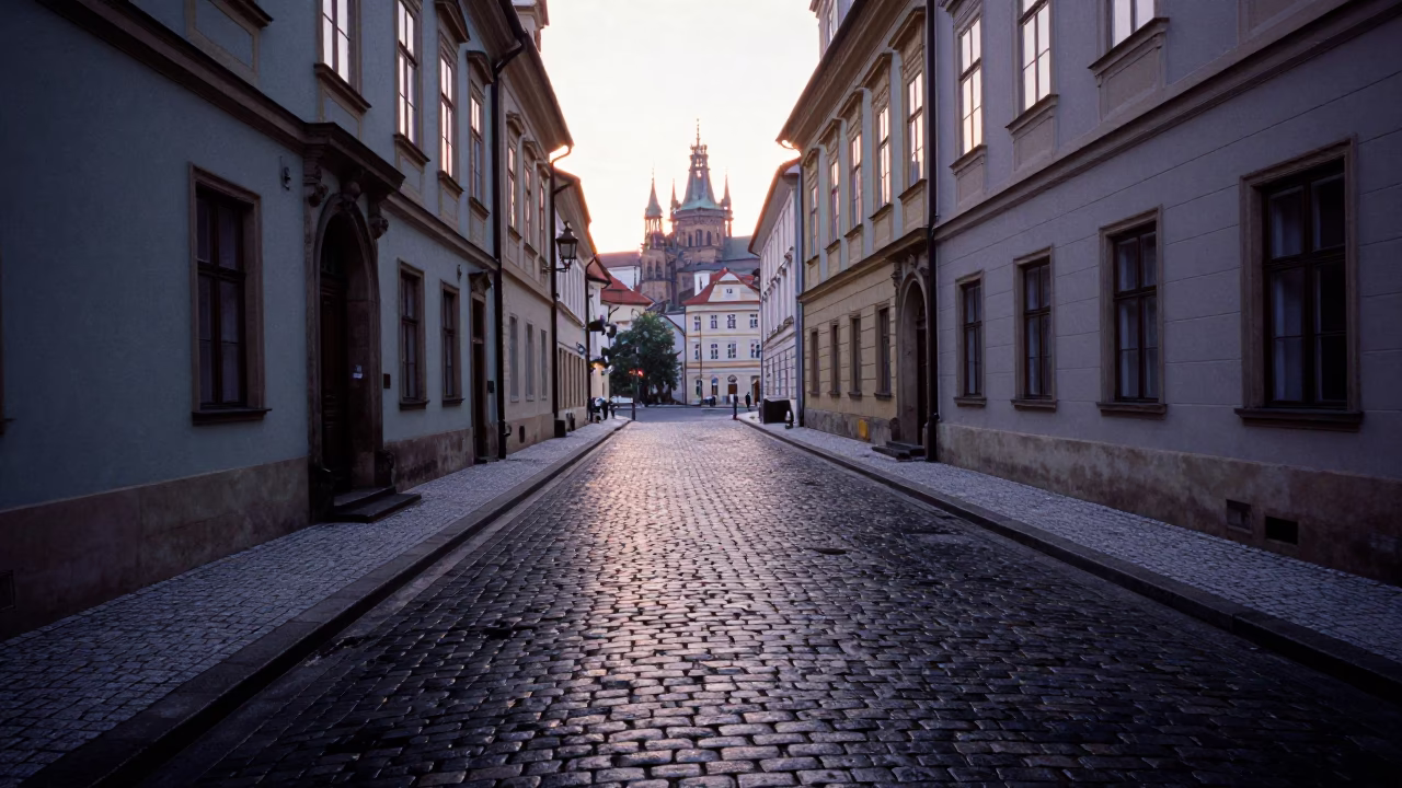 Prague Castle District Cobblestone Street Before Sunrise with Stone Lantern and Quiet Morning Atmosphere in in Prague, Czech Republic