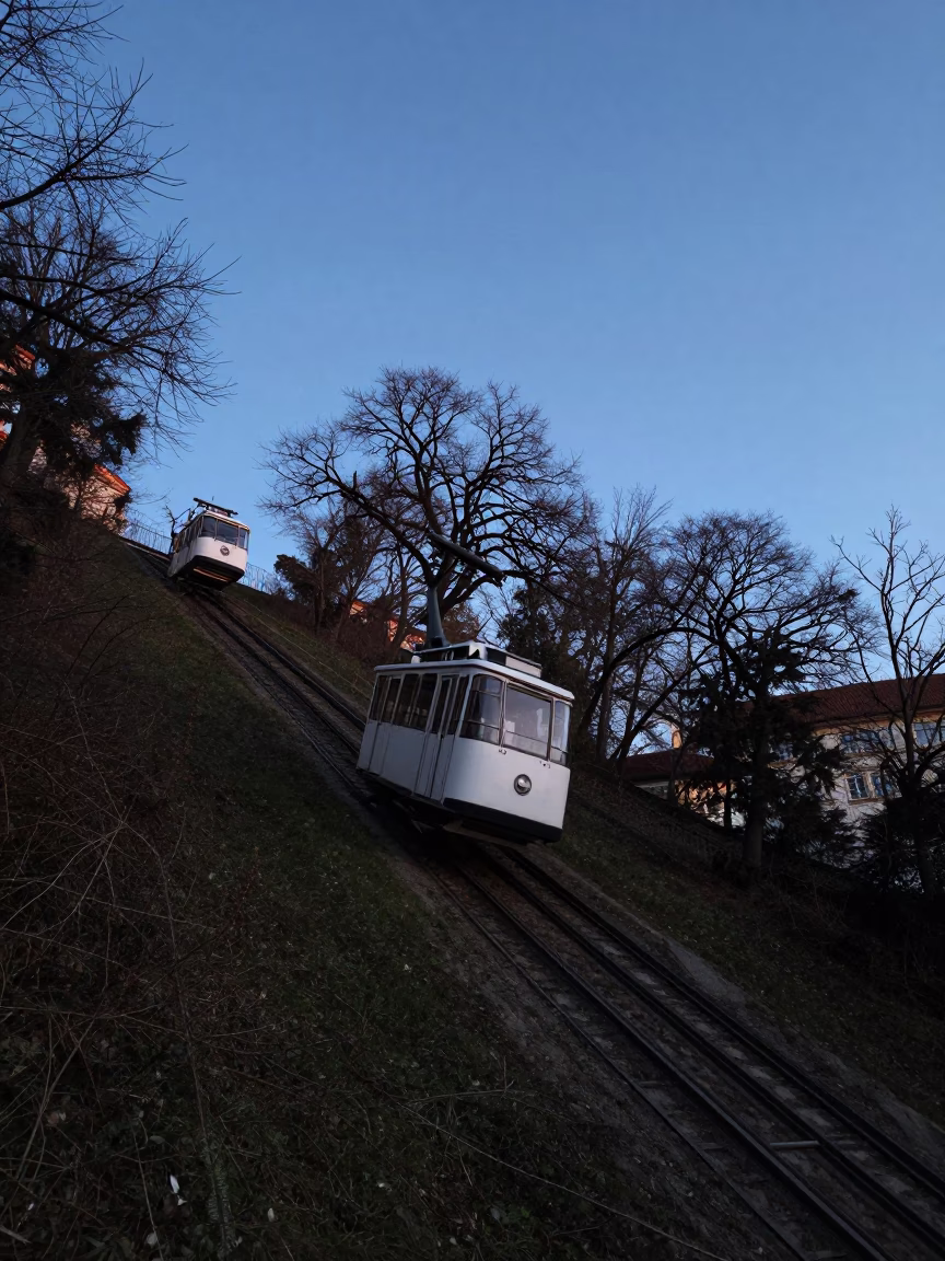Prague Castle Funicular Climbing Steep Hill Before Sunrise in Czech Republic in in Prague, Czech Republic