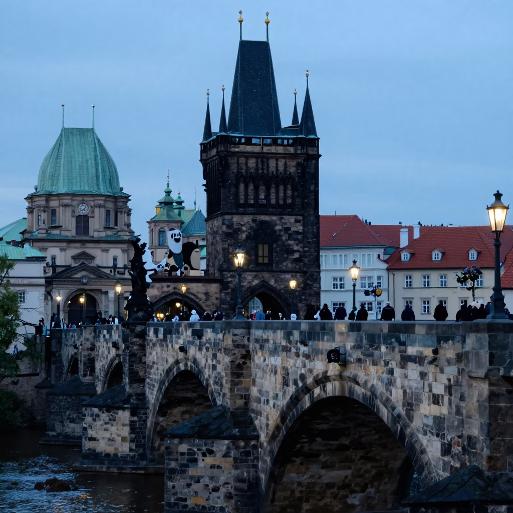 Prague Charles Bridge at Blue Hour with Tourists and Cable-Stayed Bridge in Background in in Prague, Czech Republic