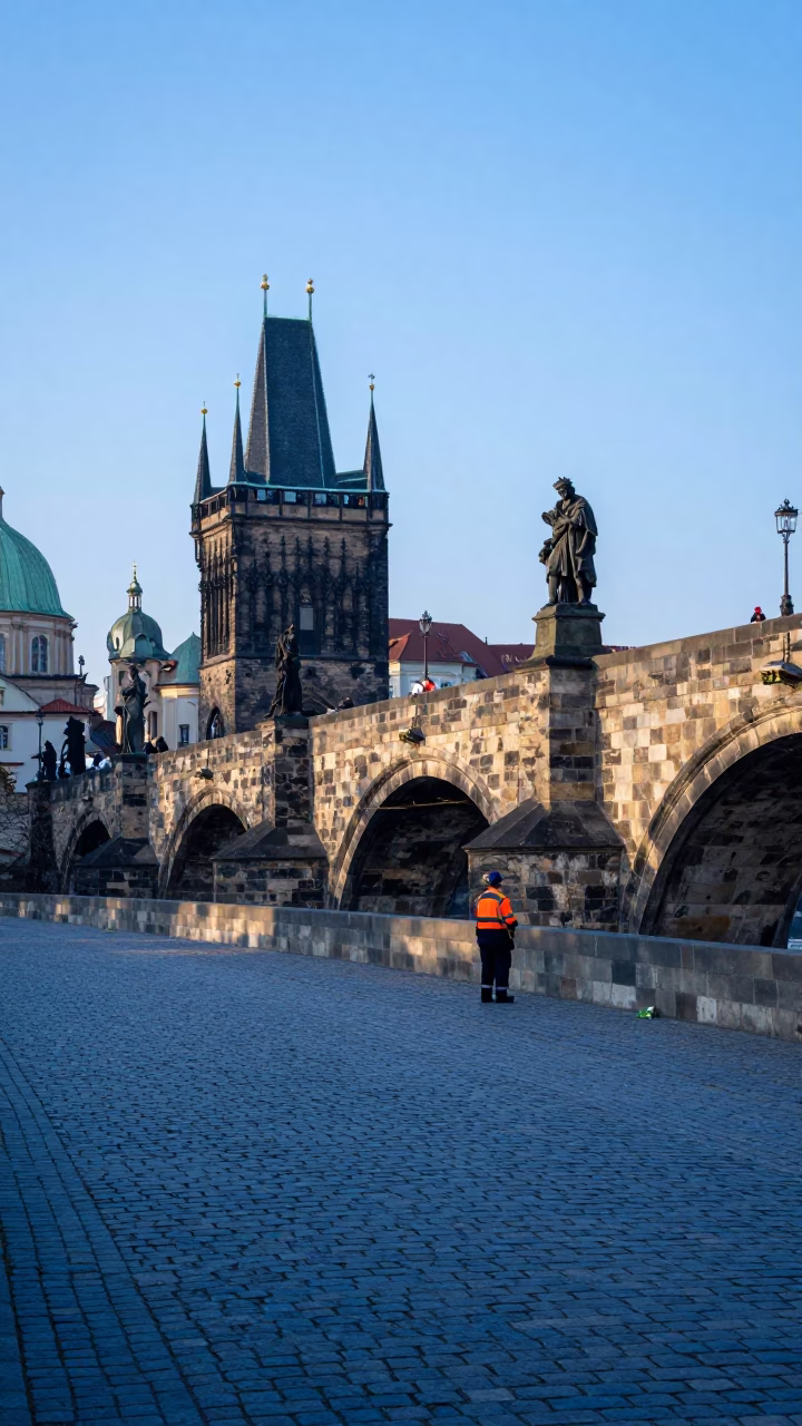 Prague Charles Bridge at Dawn with Broom and Cobblestones in in Prague, Czech Republic