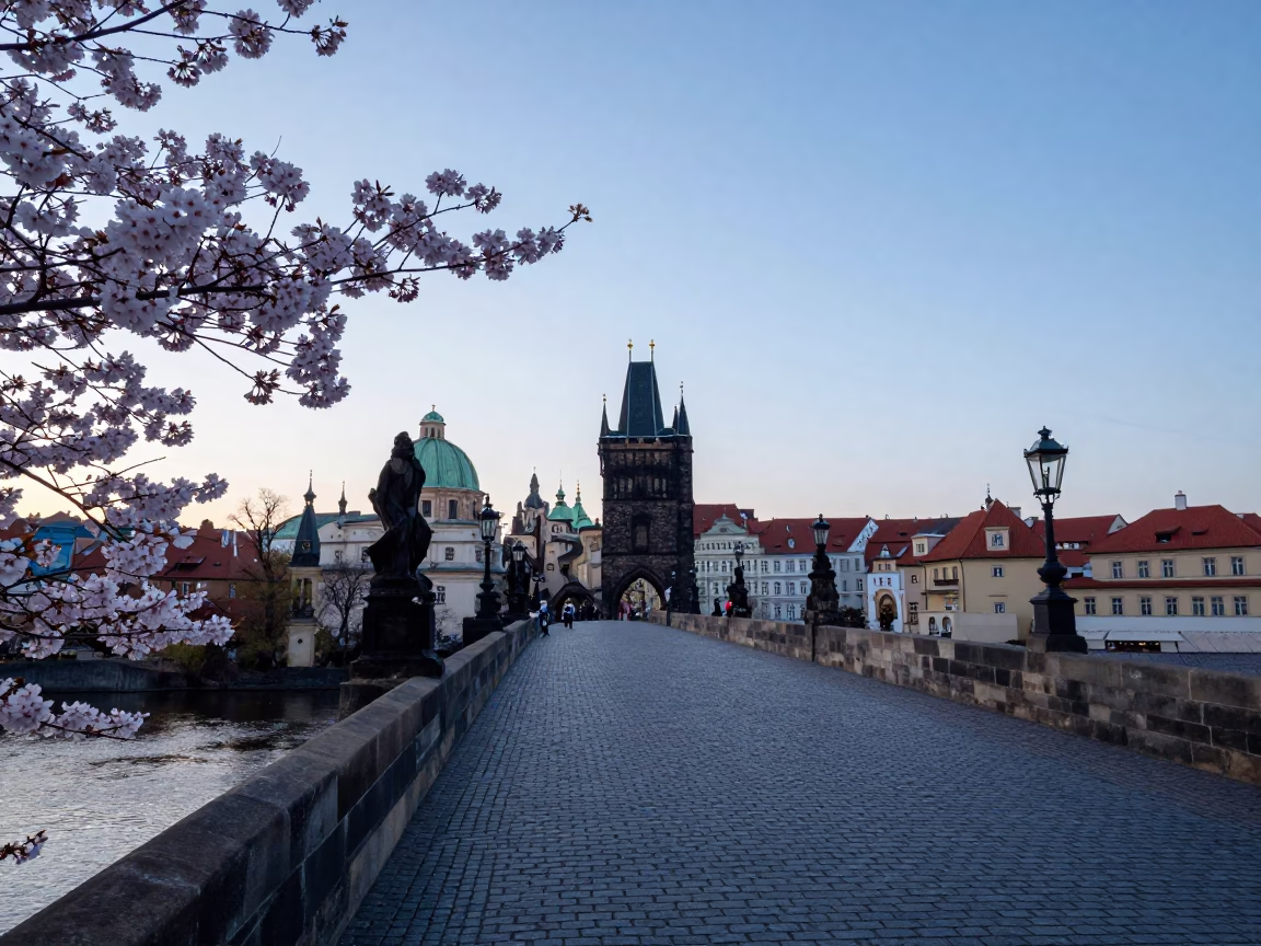 Prague Charles Bridge at Dawn with Cherry Blossoms and Vltava River in in Prague, Czech Republic