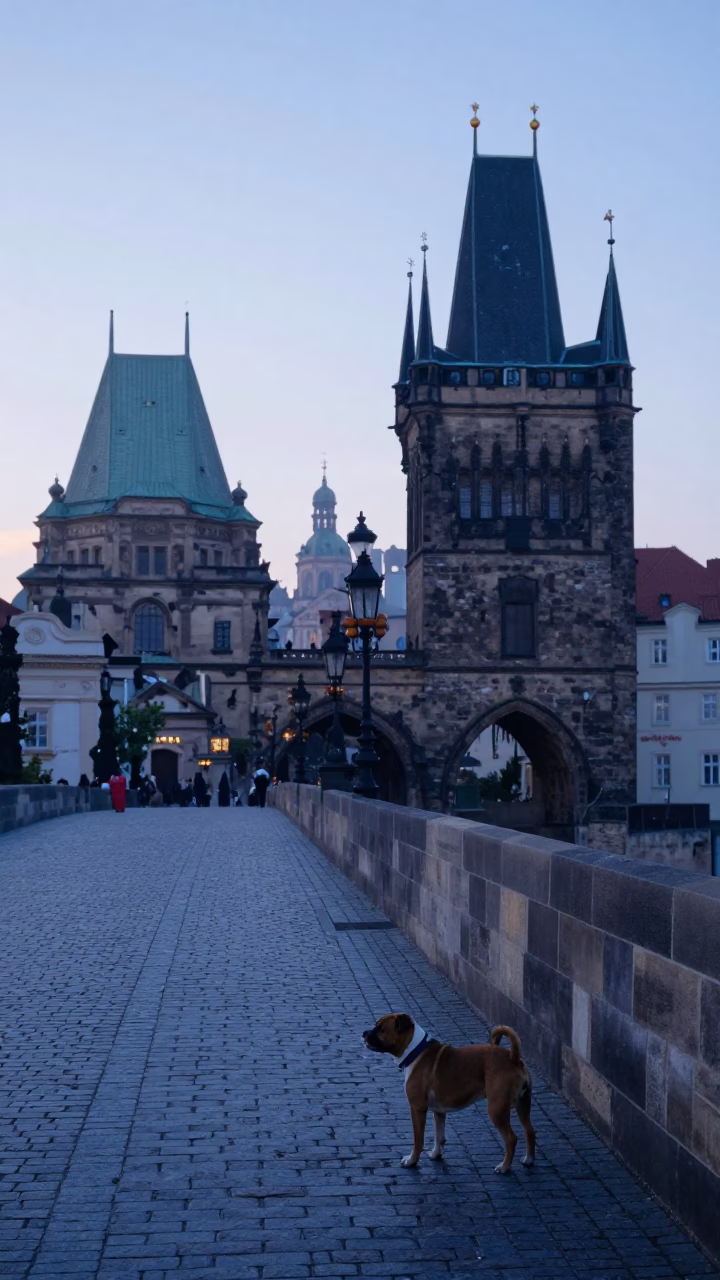 Prague Charles Bridge at Dawn with Staffordshire Bull Terrier and Ladle in in Prague, Czech Republic
