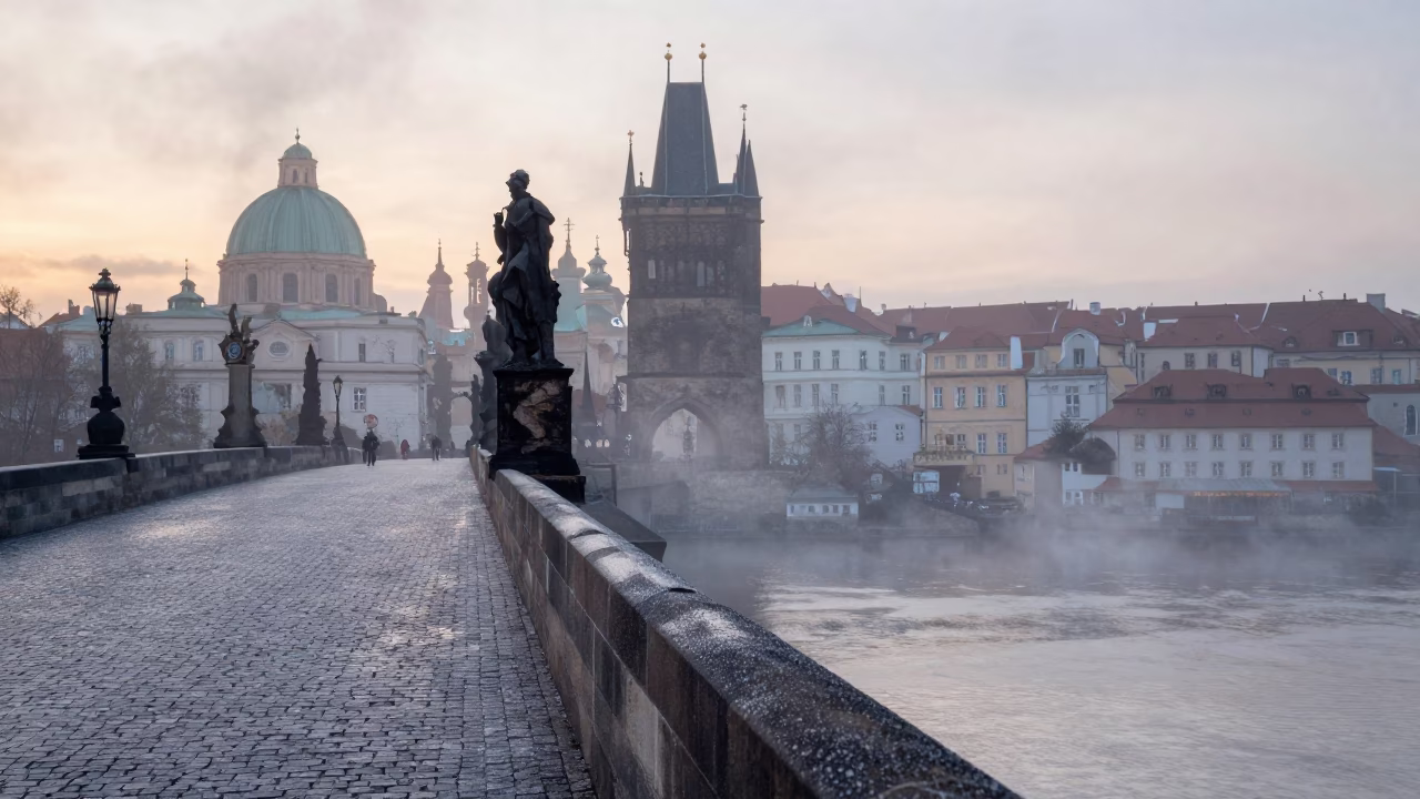 Prague Charles Bridge at Dawn with Steam Haze and Autumn Maple Leaves Falling in in Prague, Czech Republic