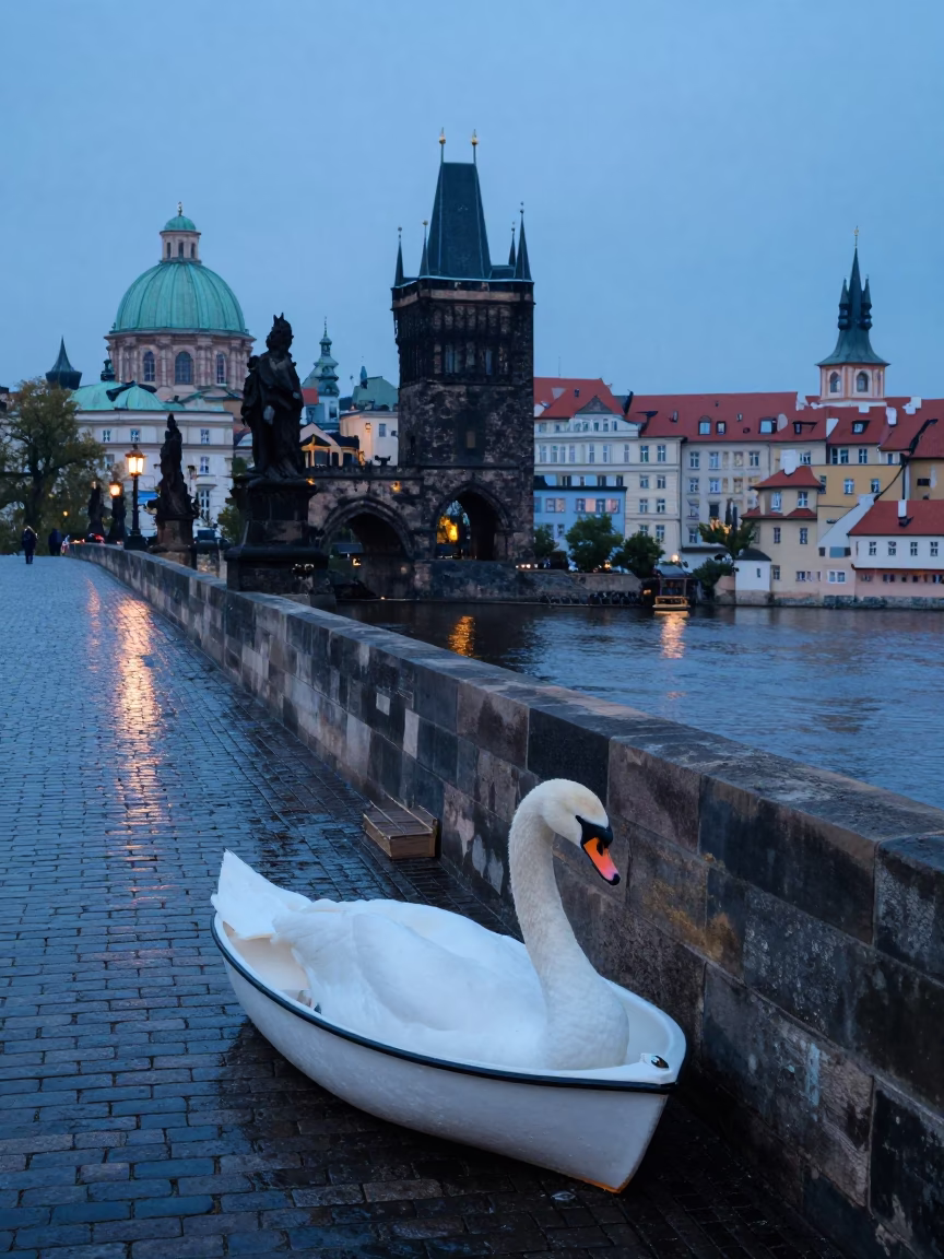 Prague Charles Bridge at Dawn with Swans and Gothic Architecture in in Prague, Czech Republic