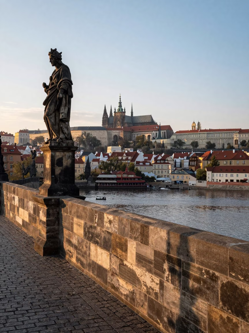 Prague Charles Bridge Dawn Light with Vltava River and Gothic Architecture in in Prague, Czech Republic