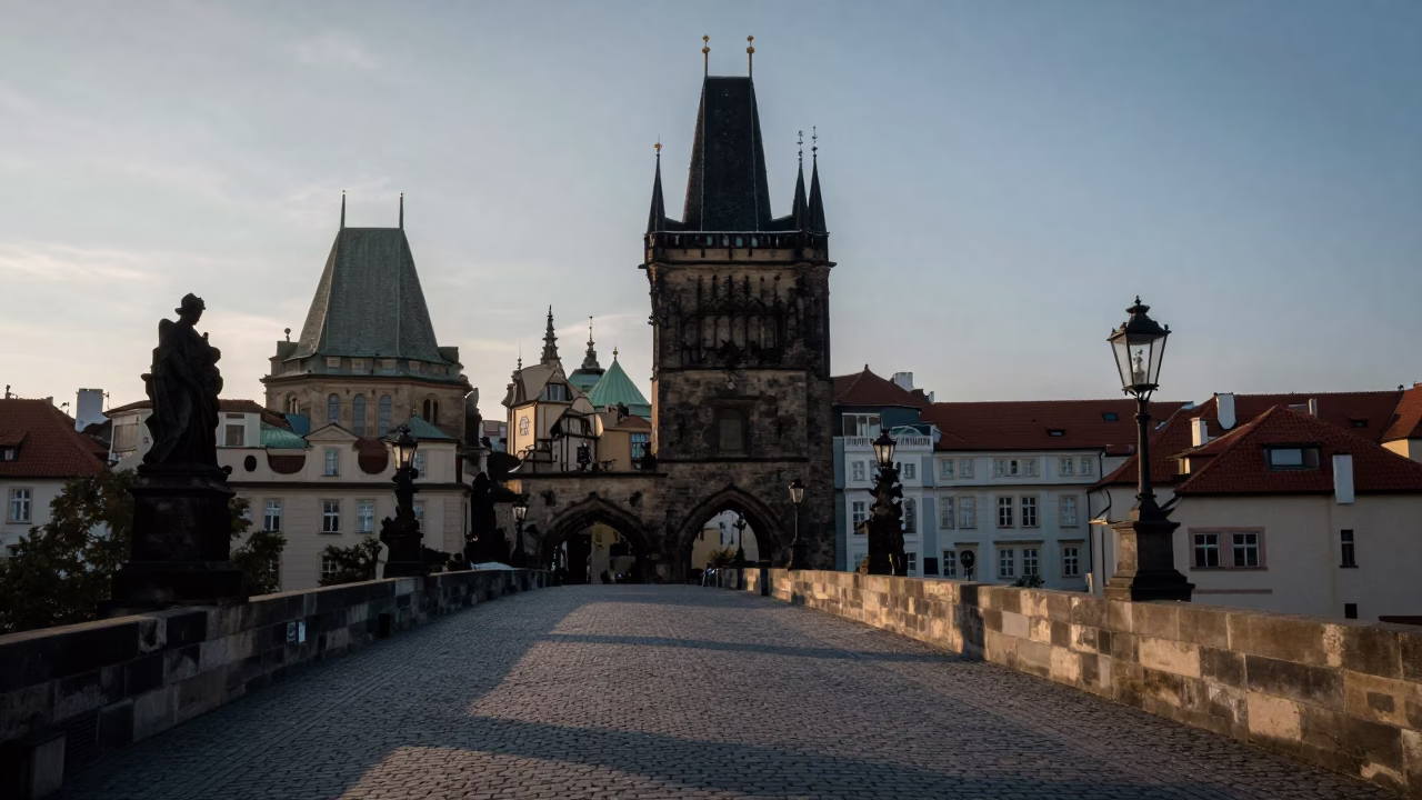 Prague Charles Bridge dawn with historic Gothic towers and quiet morning commuters before sunrise in in Prague, Czech Republic