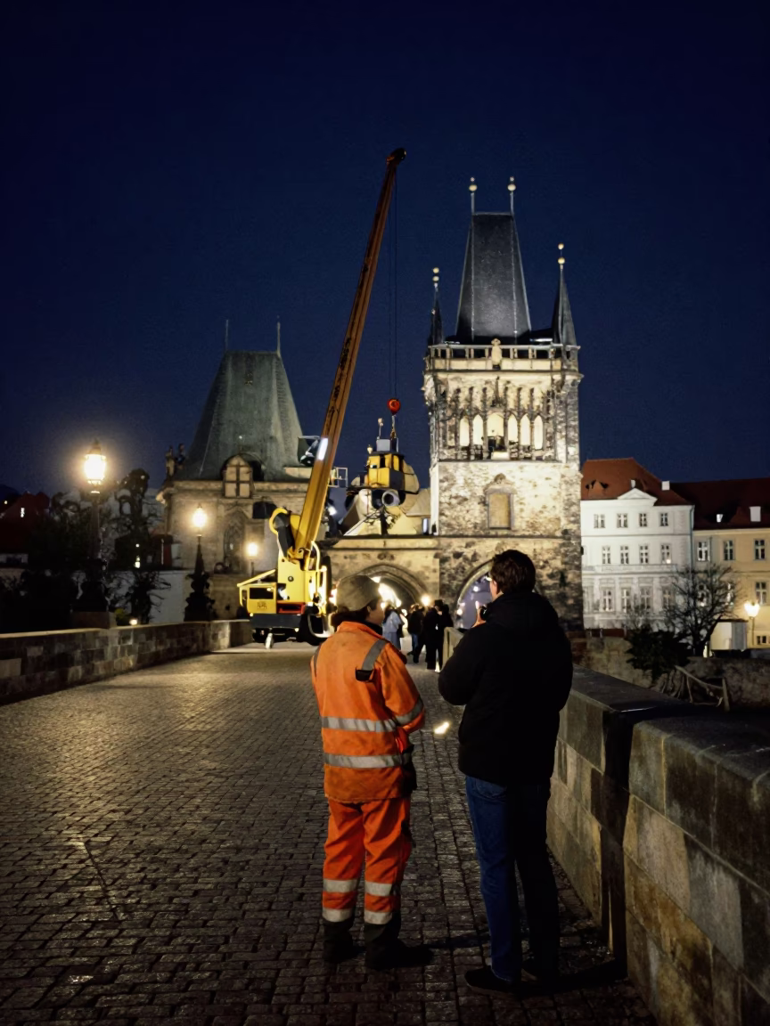Prague Charles Bridge Night Maintenance Worker with Crane and River View in in Prague, Czech Republic
