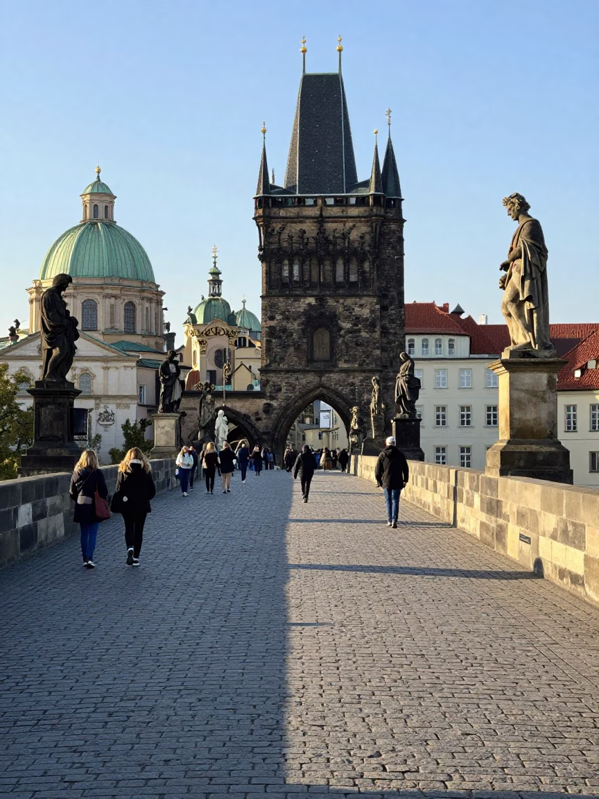 Prague Charles Bridge Pedestrians in Late Afternoon Sunlight in in Prague, Czech Republic