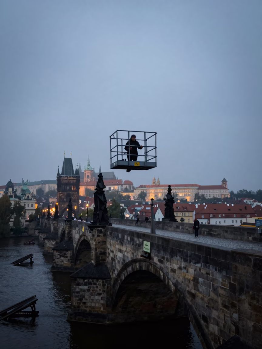 Prague Charles Bridge Predawn Maintenance Cage Swinging in Darkness in in Prague, Czech Republic