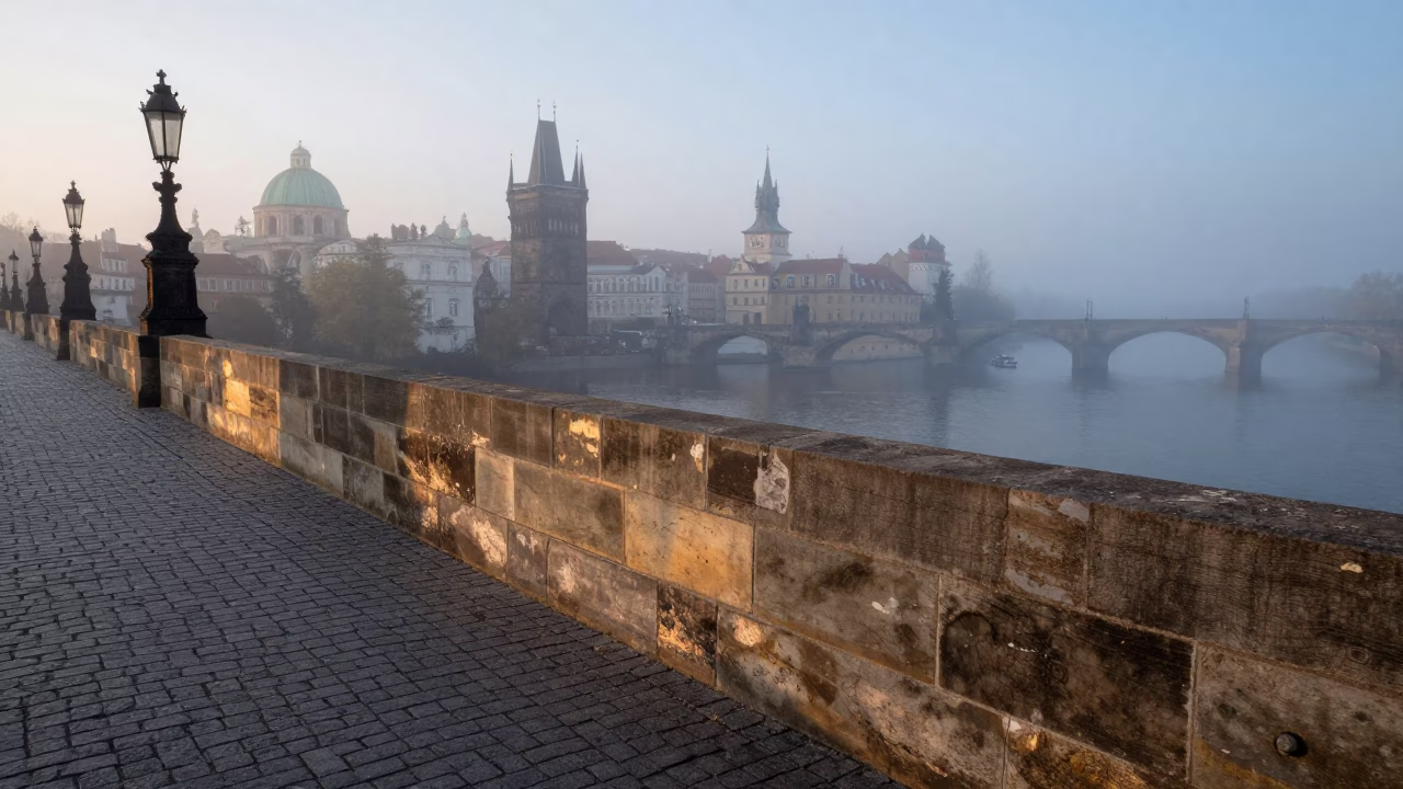 Prague Charles Bridge stone balustrades and misty Vltava River before dawn in in Prague, Czech Republic