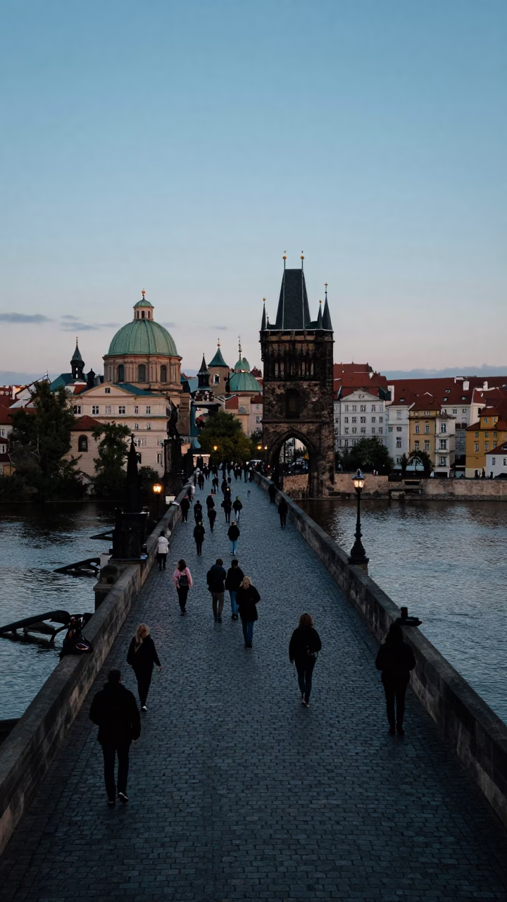 Prague Charles Bridge Stone Path And Vltava River in in Prague, Czech Republic
